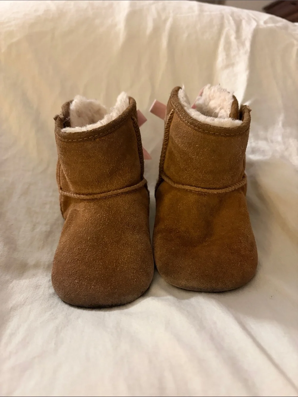 UGG Chestnut Suede Baby Booties with Plush Cream Lining